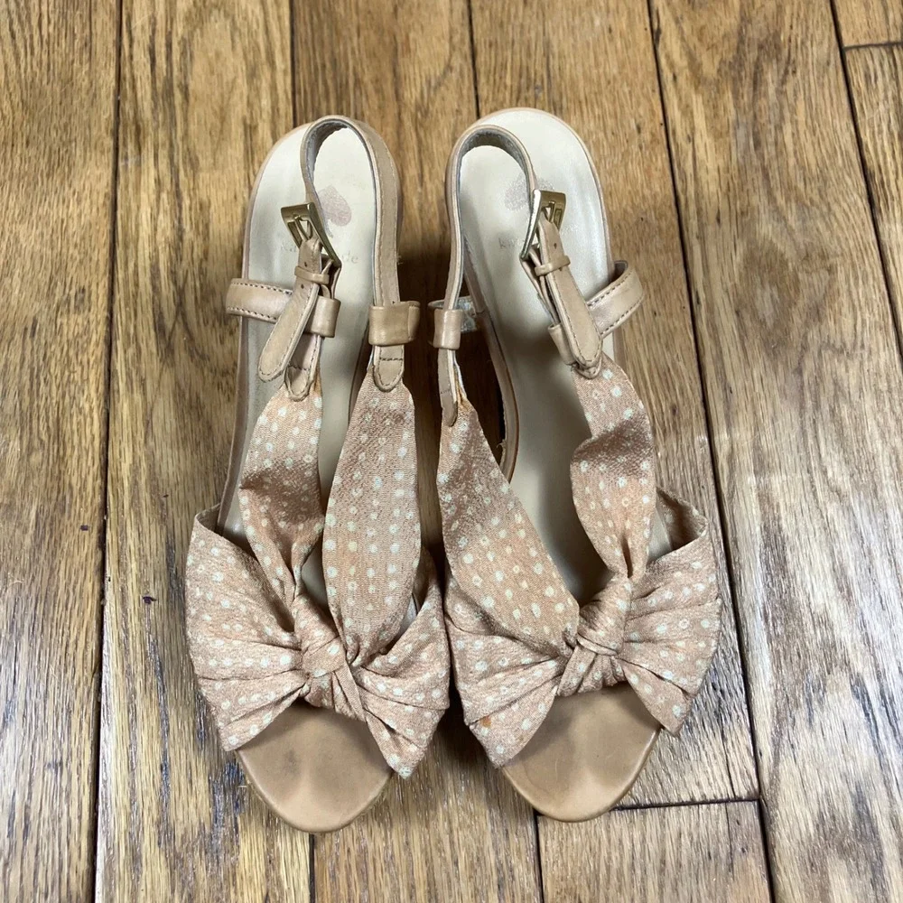 Kate Spade‎ New York Polka Dot Bow Raffia Wedge Sandals Tan Cream 9.5M